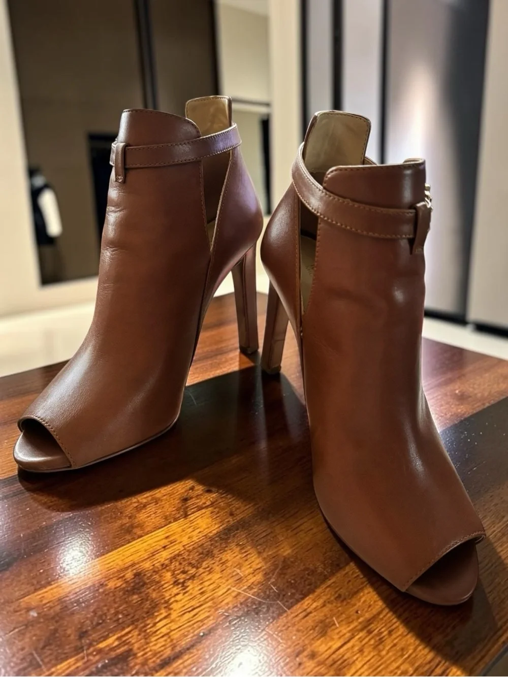 Michael Kors Lawson Open Toe Heeled Booties Brown Leather Size 7.5